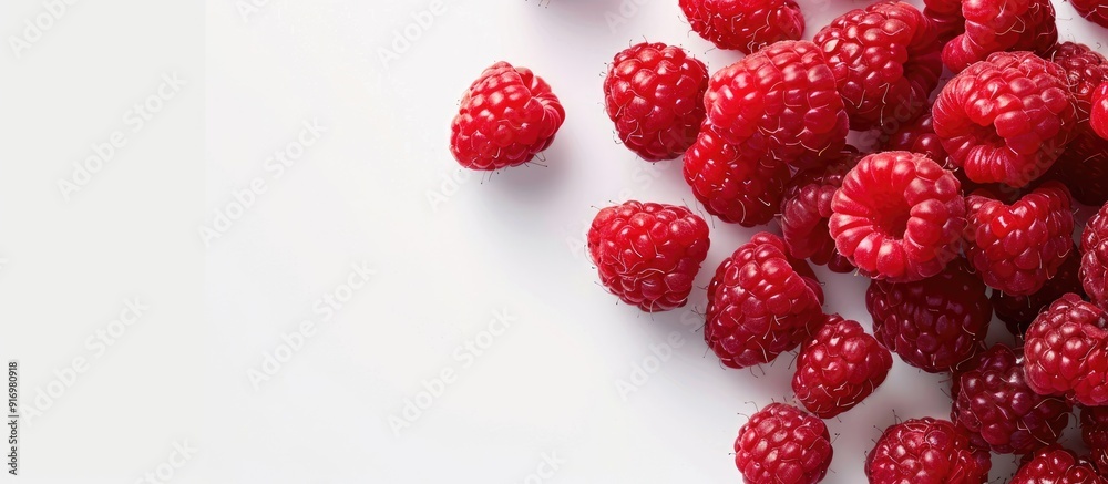 Poster Vibrant red raspberry with copy space image on white background