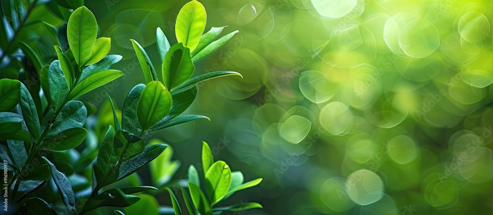 Poster zamioculcas youthful leaves set against a blurred green backdrop create a striking copy space image