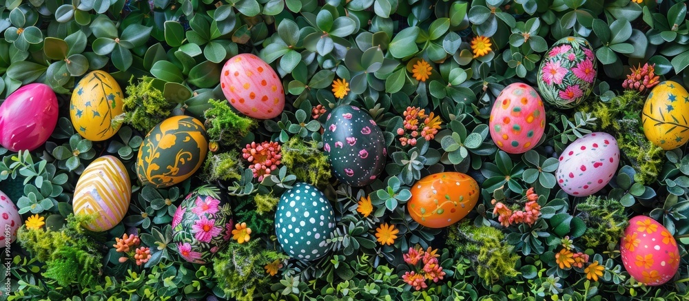 Poster Easter decorations featuring a colorful display of Easter eggs boxwood and flowers creating an inviting springtime ambiance with a copy space image