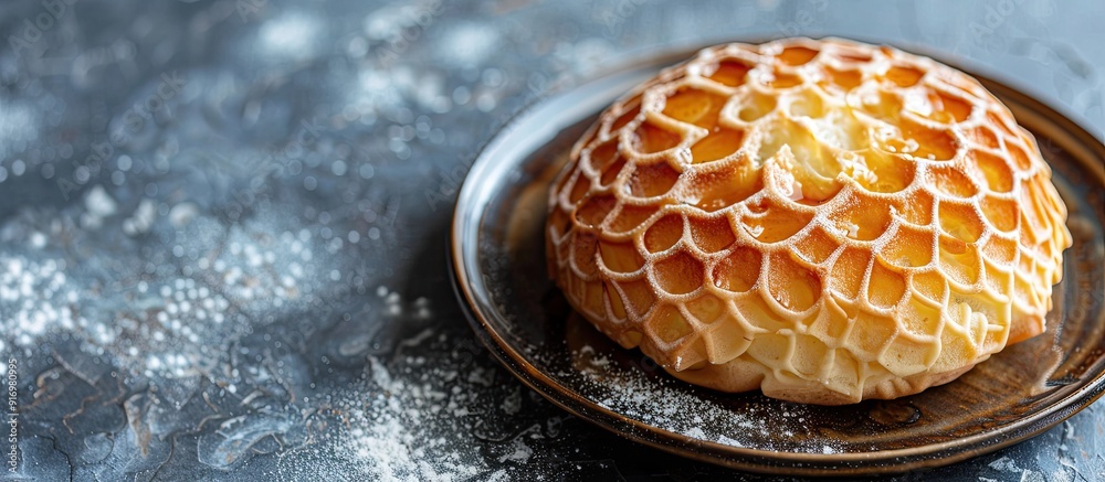 Poster melonpan a popular japanese food is a sweet bread with a unique appearance and crunchy cookie crust 
