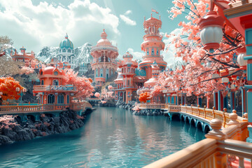 Fototapeta premium Magical travel location, imaginative scenery, side view, highlighting fantastical vacation spots, digital tone, complementary color scheme