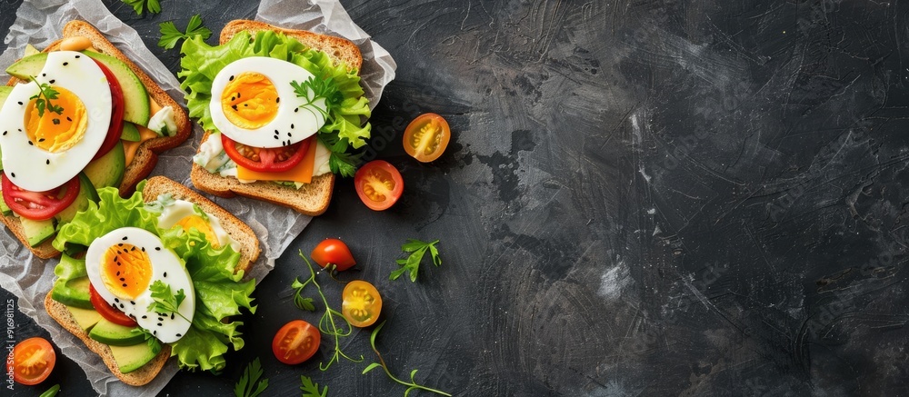 Poster Fresh toast sandwiches with vegetables boiled eggs cheese and avocado arranged on top of a piece of rice paper on a black surface background with copy space image