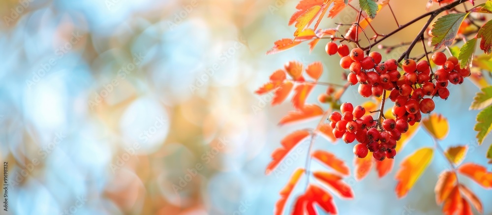 Poster high quality photo of rowan branches with red berries against a blurry blue sky backdrop creating an