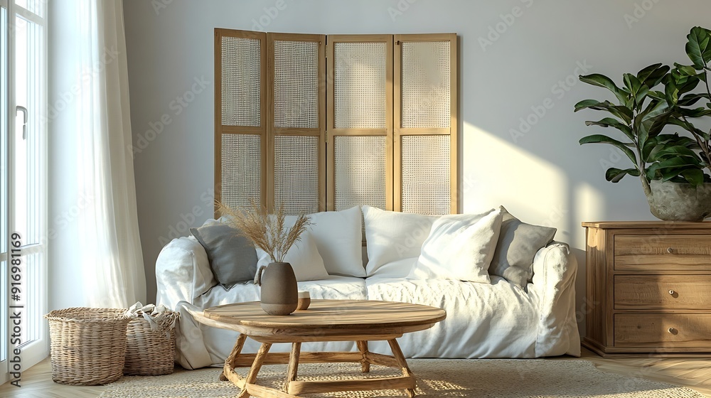 Poster light living room with folding screen comfortable sofa coffee table and chest of drawers : generativ