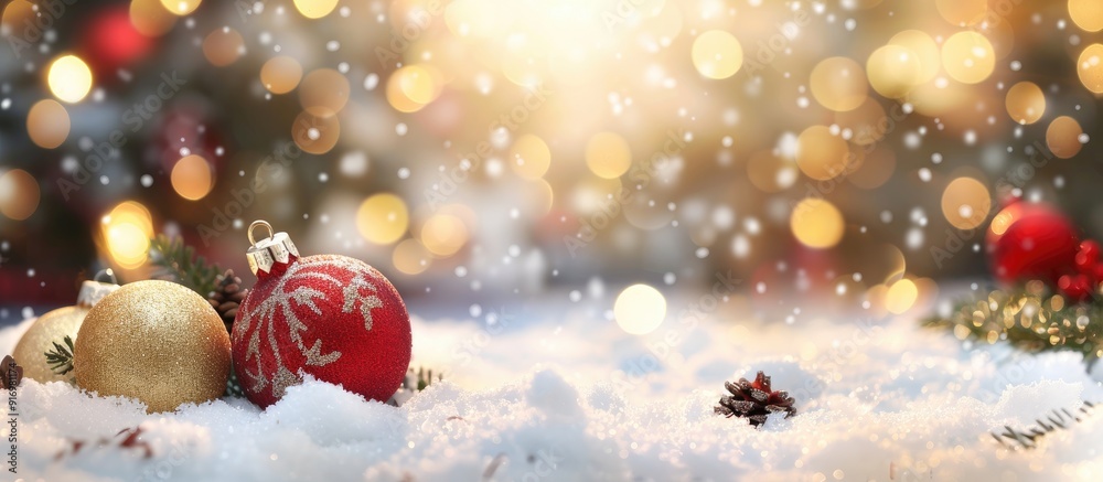 Poster festive christmas card featuring decorations in snow against a blurry bokeh backdrop with ample copy