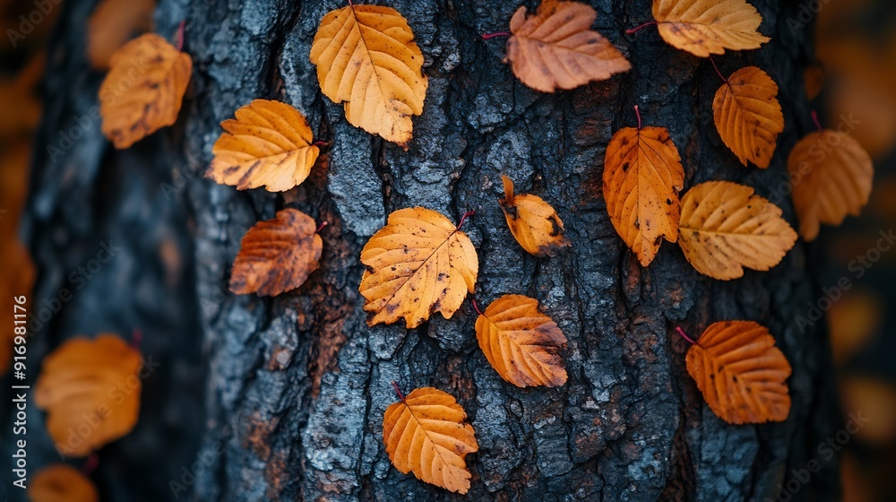 Aufkleber image of autumn leaves close up over tree trunk background : generative ai