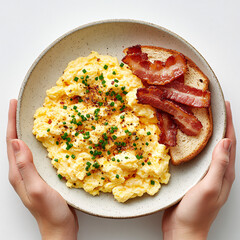Delicious Breakfast - Top View of Homemade Scrambled Eggs, Crispy Bacon, and Toast on Plate, Held by Hands on White Background