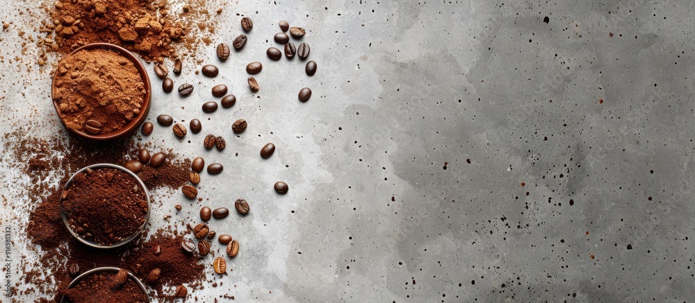 Aufkleber Copy space image featuring ingredients for a caffeine infused drink like coffee beans ground and instant coffee set against a light concrete backdrop for a banner