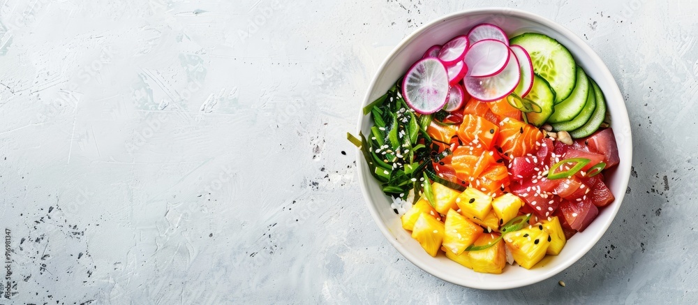Poster overhead view of a colorful hawaiian salmon poke bowl garnished with seaweed watermelon radish cucum