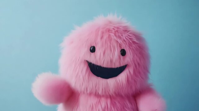 Pink fuzzy funny puppet performs a cheerful dance in a studio setting on a blue background