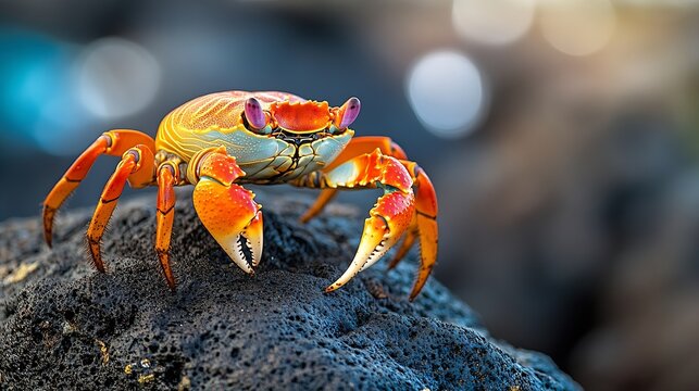 The Red Shore Crab is a fast and agile crab that lives on tropical rocky shore lines in East AfricaThey scavenge on anything edible  Fishing debris and plastics does pose a threat to m : Generative AI