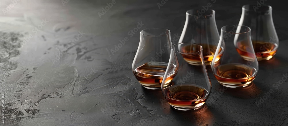 Poster whiskey glasses arranged on a dark table with copy space image