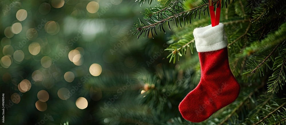 Fototapete stocking hung on a fir tree with copy space image