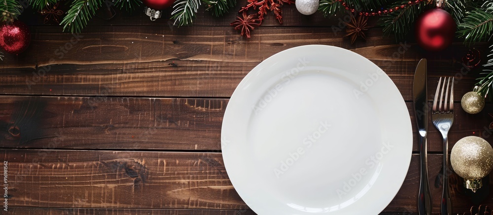 Poster festive table setting for christmas and new year holiday concept on a wooden background with an empt