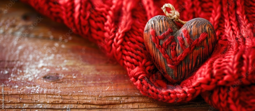 Aufkleber festive wooden heart decor on red wool with a rustic christmas backdrop and copy space image