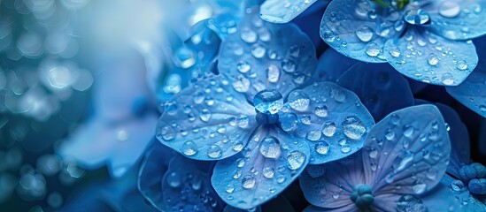 Hydrangea flower in blue hue adorned with rain droplets against a copy space image