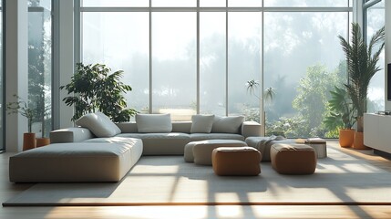 Fototapeta premium Interior of light living room with cozy grey sofas near big window : Generative AI