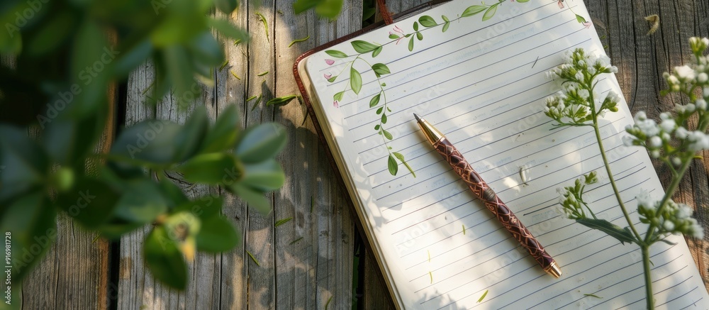 Poster notebook with pen adorned with floral decoration and green foliage showcasing a copy space image