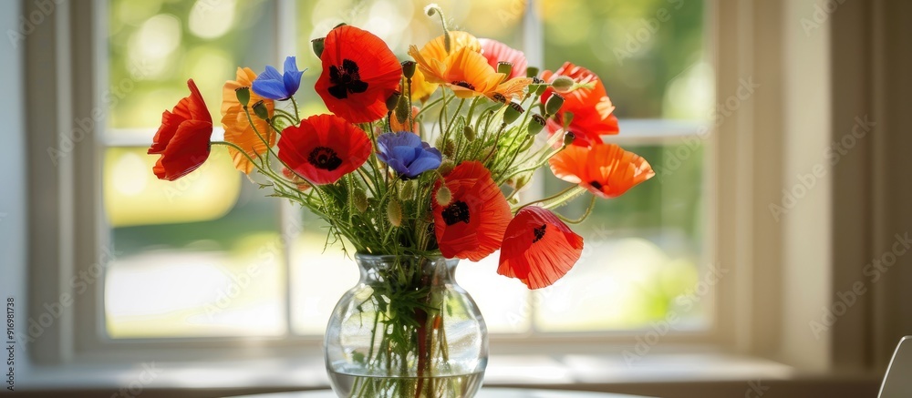 Poster a vase with a vibrant mix of spring and summer flowers including red poppies sits on a table in the 