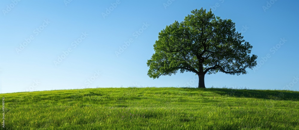 Poster spring landscape showcasing an oak tree in a green field under a clear blue sky ideal for featuring 