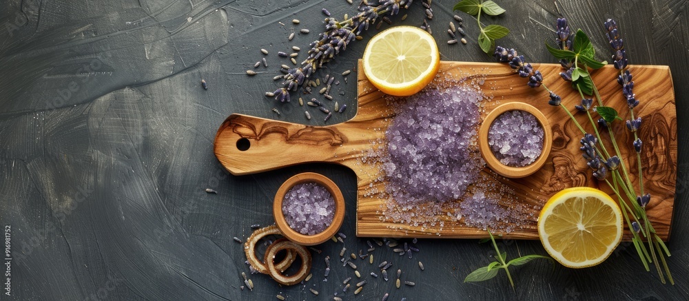 Poster Wooden cutting board highlighting lavender sugar scrub body spa treatment in a flat lay style with copy space image