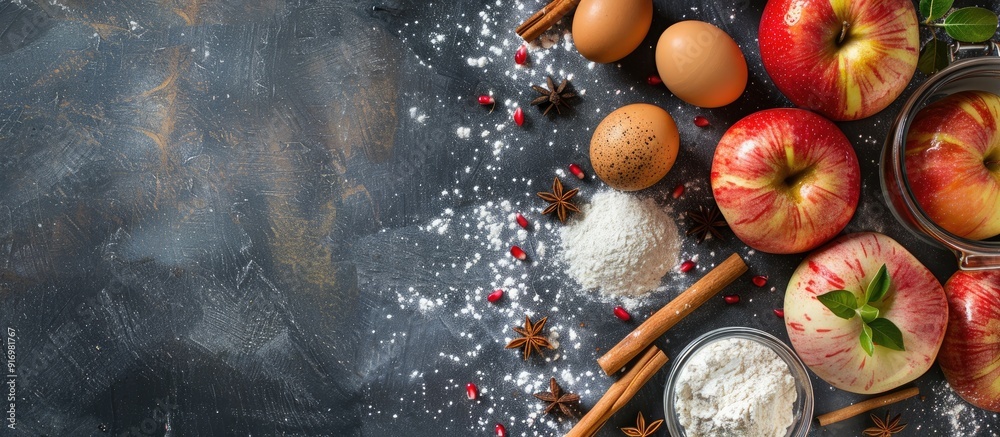 Poster Top view of fresh apples cinnamon flour sugar and eggs on a stone background a copy space image depicting the concept of baking apple pie