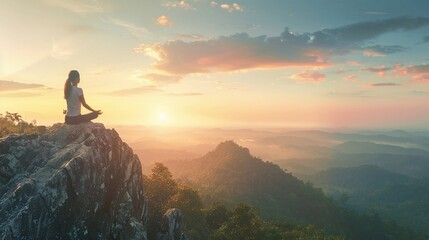 Obraz premium Sunset Yoga Practice by a Woman on a Mountain, Overlooking a Breathtaking Horizon
