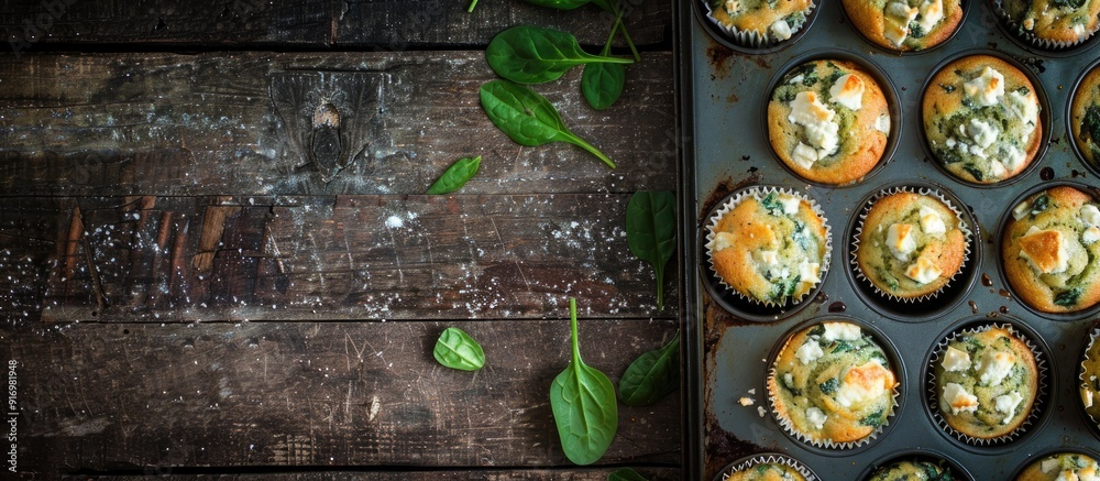 Poster Muffins with spinach and feta just out of the oven displayed in a baking tin with available copy space image