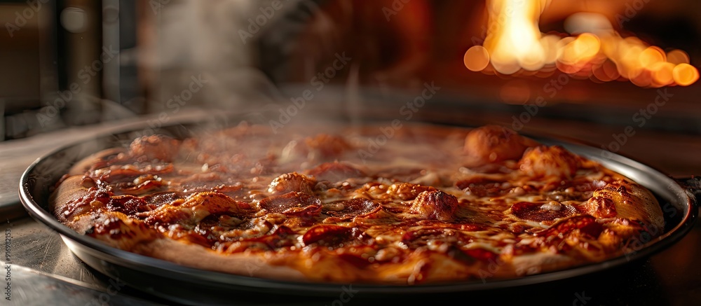 Poster A pizza pan with steam rising ready for a fresh slice in front of a copy space image