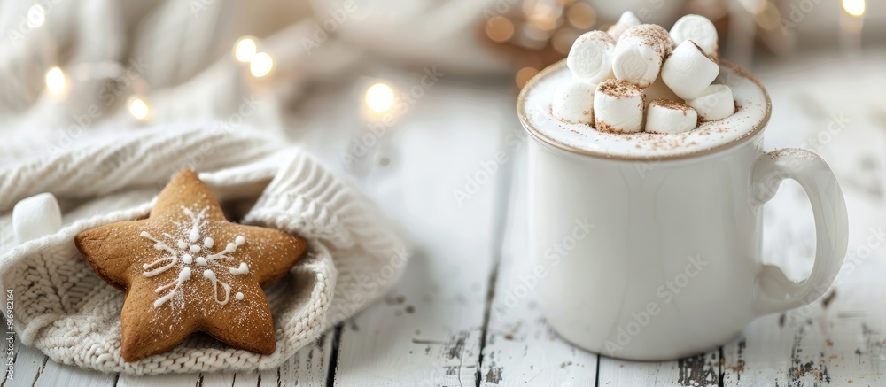 Aufkleber festive holiday theme featuring a white cup of hot winter beverage adorned with marshmallows and a g