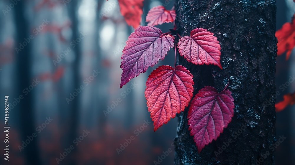 Poster Red and violet spiky leaves with veins on surface growing on tree in forest in autumn in daylight : Generative AI