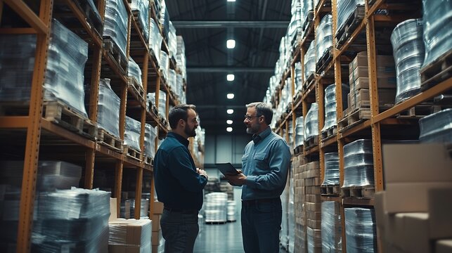 Distribution warehouse owner and workers having team meeting : Generative AI - Powered by Adobe