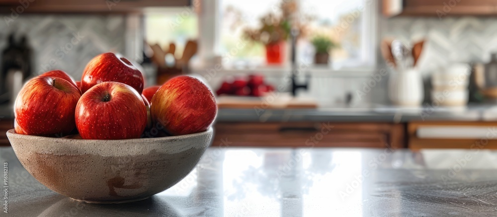 Poster Fresh apples in a bowl displayed on a kitchen counter with copy space image