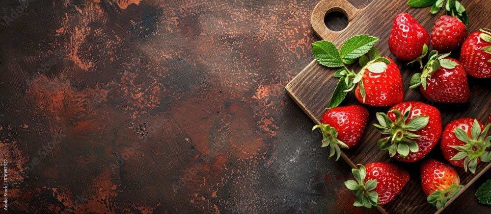 Poster strawberry displayed on a wooden cutting board with copy space image