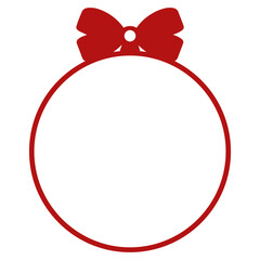 A red circular frame with a large red bow on the top