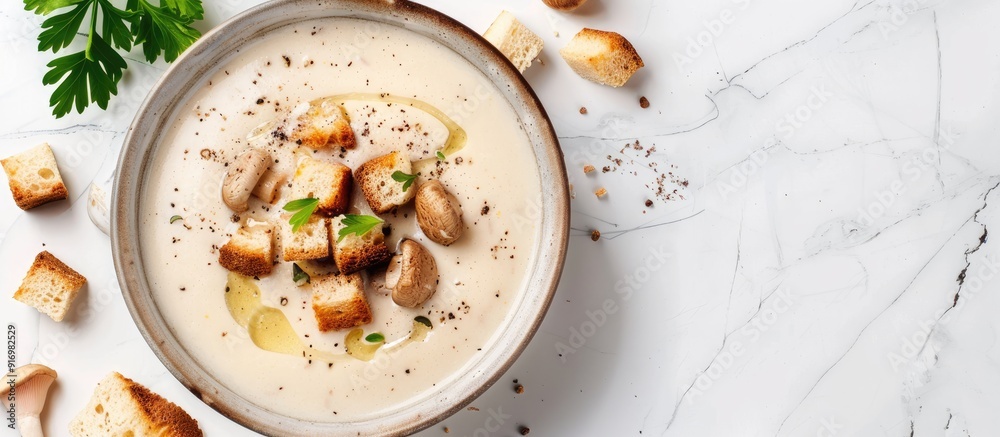 Poster top down view of a tasty mushroom cream soup with croutons on a white marble surface featuring copy 