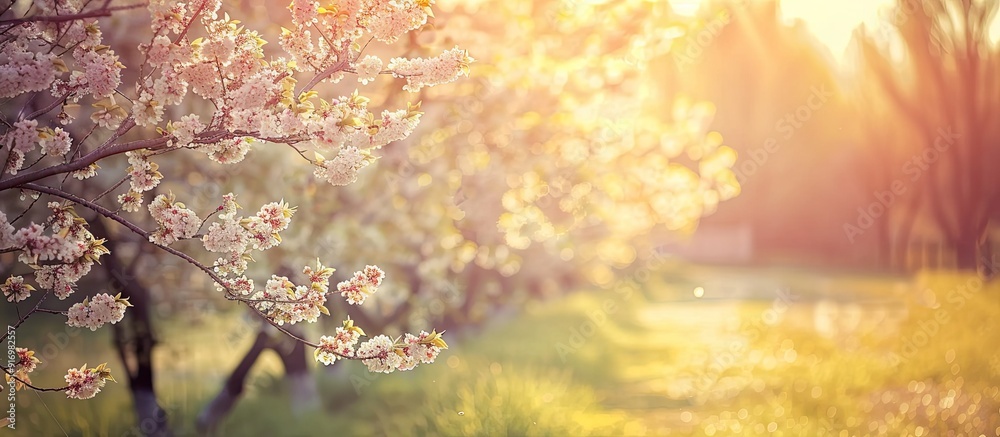 Poster row of almond trees with blooming flowers in a picturesque setting with copy space image
