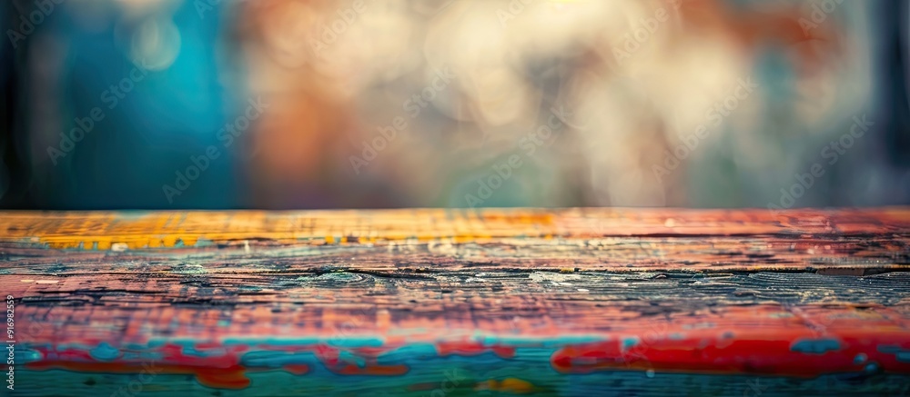 Fototapete A weathered colorful table with visible wear marks offers a grungy backdrop with a blurred background ideal for a copy space image