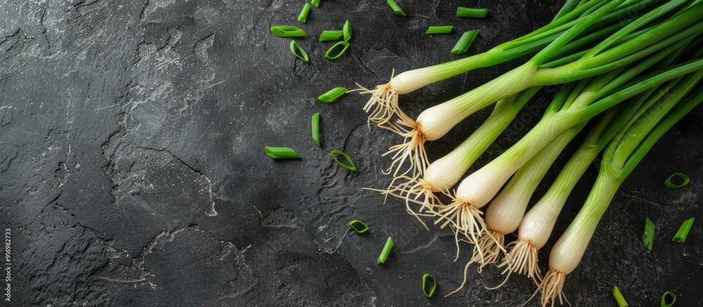 Aufkleber Fresh green spring onion arranged on a slate surface with text space available highlighting the health benefits of this vegetable in a visually appealing copy space image