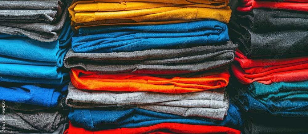 Aufkleber A variety of colorful t shirts stacked neatly against a backdrop of folded clothes creating a vibrant display with copy space image