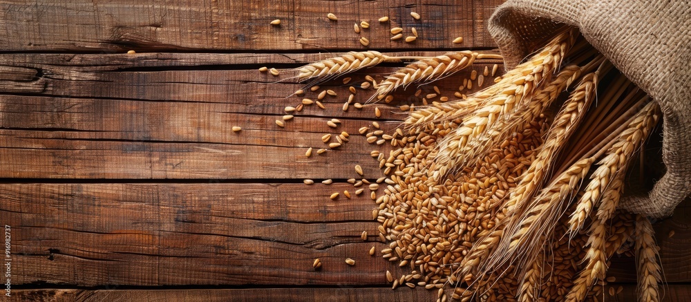 Poster Wheat grains and ears displayed on a wooden table with a blank copy space image