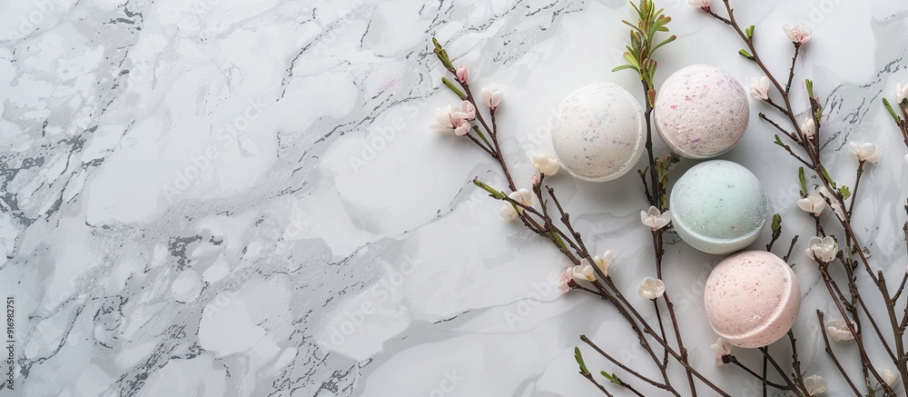 Poster white marble table with a green twig and lovely scented bath bombs offering a good view for your tex