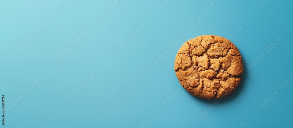 Poster Macro shot of a single cookie on a blue backdrop with copy space image