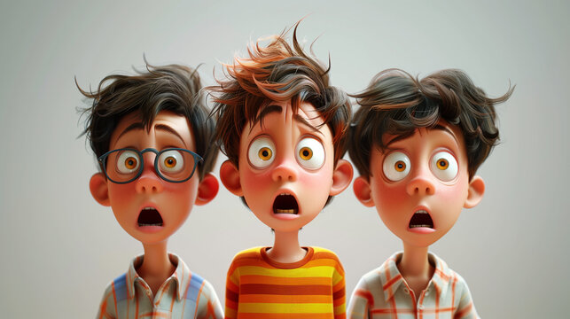 Surprised shocked scared tree cartoon characters boy kid child teen young man person with funny haircut portrait in 3d style design on light background. Human people feelings expression concept 