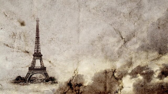 Eiffel Tower in Paris smoothly appears on old, grunge paper with time lapse of sky with clouds. Creative, combined 3D 4K parallax video of high quality. Template for a postcard or historical video.