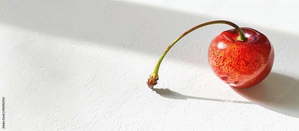Poster a fresh and ripe cherry with its stem on a white background in bright sunlight providing a beautiful