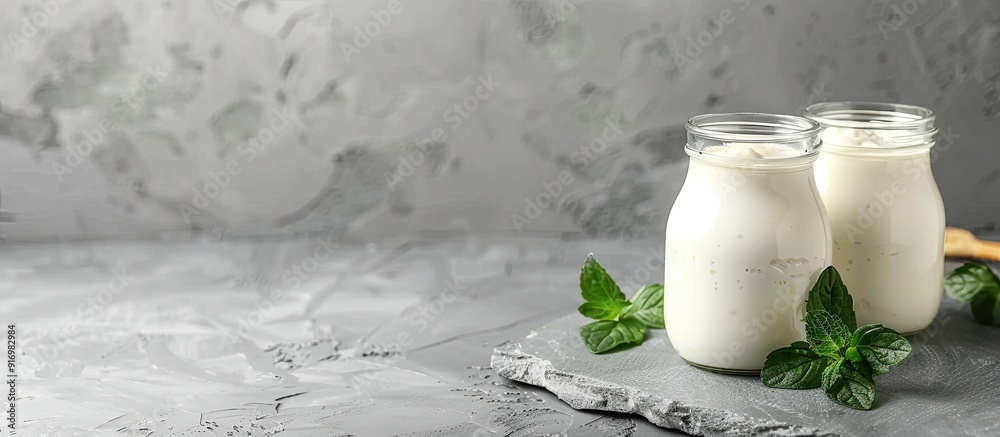 Aufkleber greek yogurt in glass jars presented on a gray stone background with a yogurt maker enhancing the co
