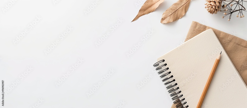 Leinwandbilder A tidy workspace with a sketchbook and pencil on a blank white background for creative flat lay photography. Creative banner. Copyspace image
