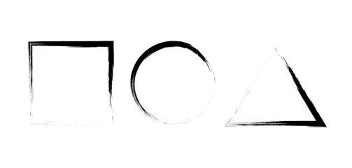 Brush stroke outline vector set basic geometric shapes. Triangle, circle, cube