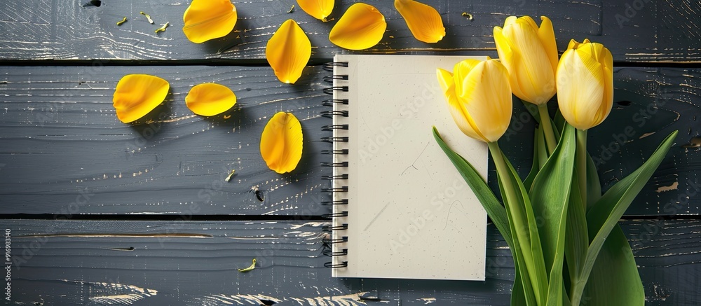 Aufkleber Yellow tulips rose petals and a notepad are displayed on a dark gray wooden table with a close up view offering a copy space image for a Women s Day greeting card